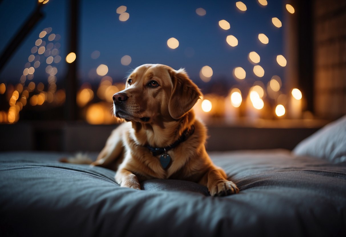 A dog lying peacefully on a cozy bed, surrounded by diffusers emitting calming essential oils. Outside, fireworks light up the sky, but the dog remains relaxed and at ease