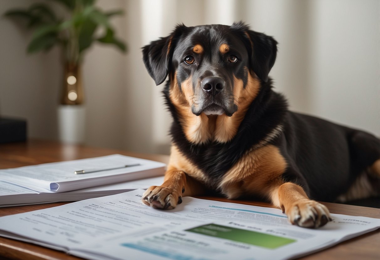 A dog lying peacefully with a bottle of valerian root oil nearby, surrounded by scientific studies and research papers on the benefits of the oil for anxiety relief