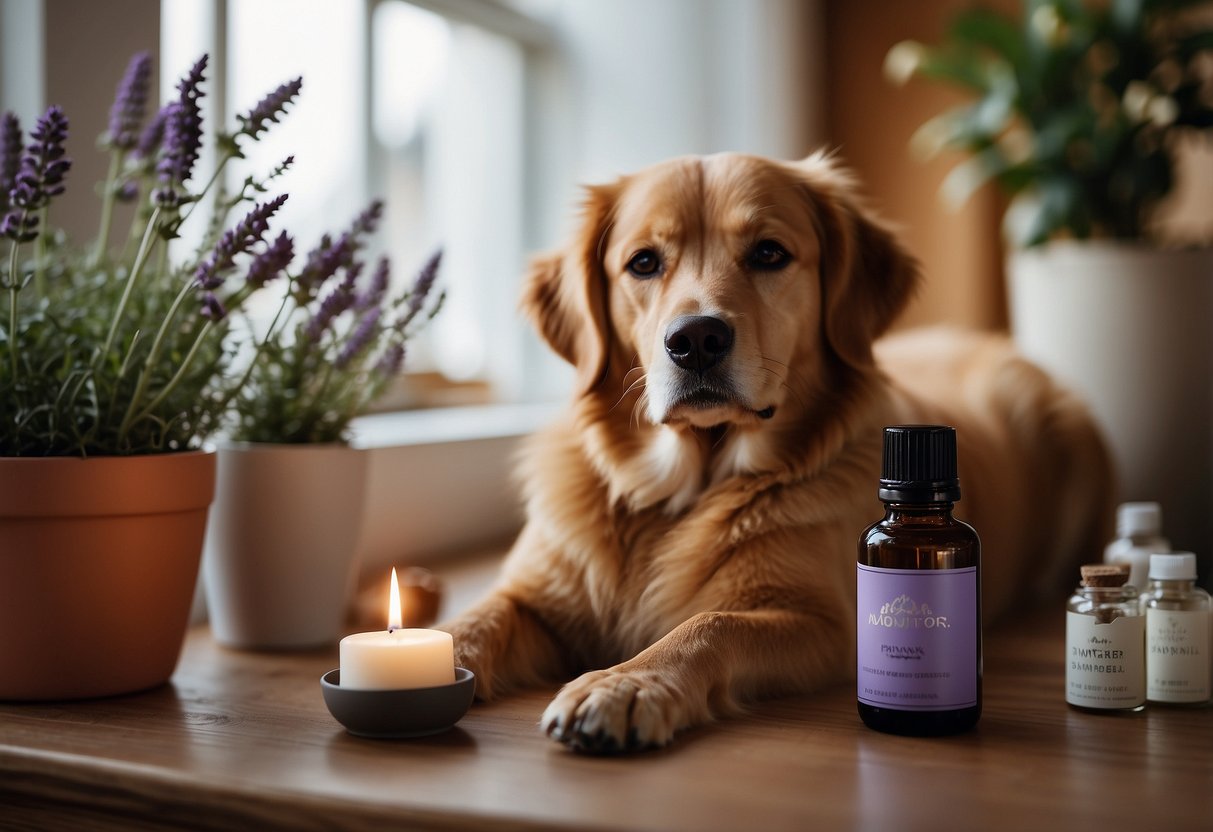 A dog lying peacefully with a diffuser emitting calming essential oils nearby. Lavender, chamomile, and frankincense bottles are visible on a shelf