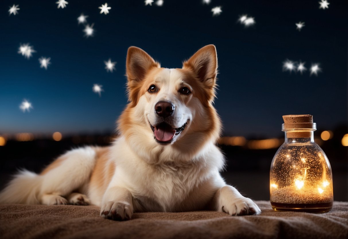 A dog lying peacefully with a diffuser emitting calming essential oils, while fireworks light up the sky in the background