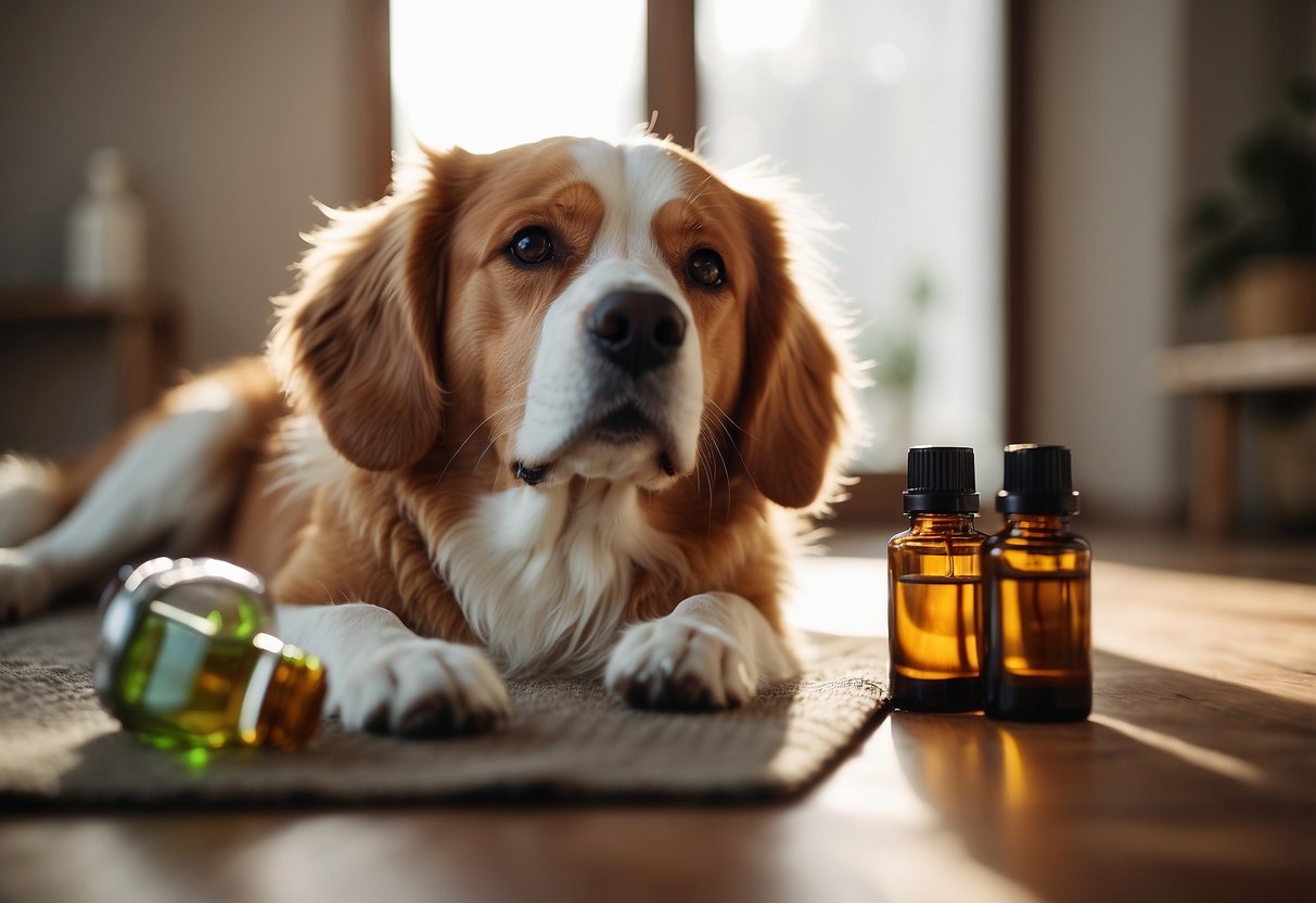 A dog peacefully lying down surrounded by bottles of essential oils and a diffuser emitting a calming aroma