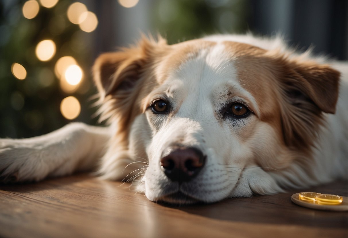 A dog peacefully lying down, surrounded by calming essential oils diffusing in the air, with a serene expression on its face