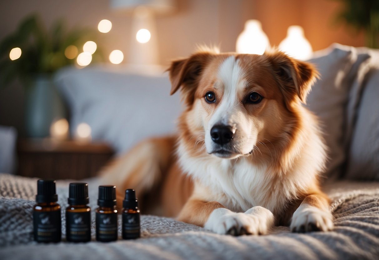 A dog peacefully lying on a cozy bed surrounded by calming essential oil diffusers, with a serene expression on its face