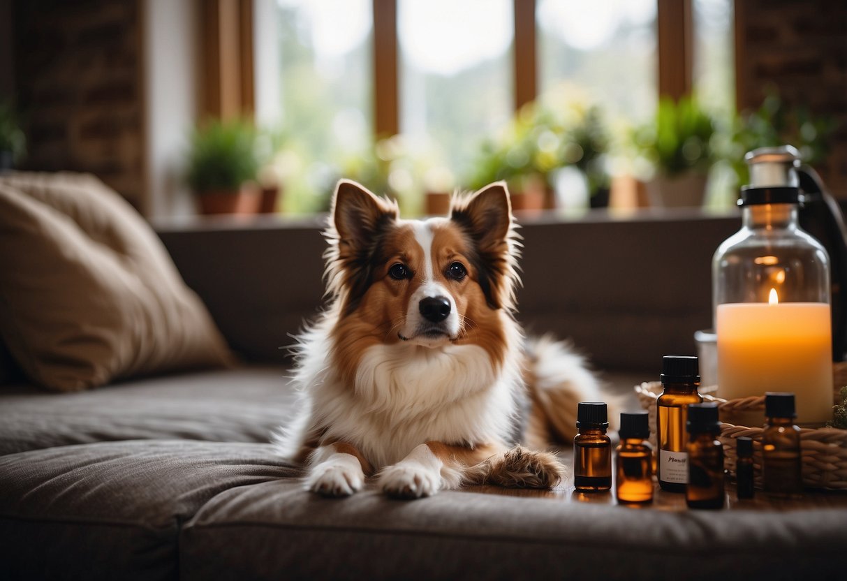 A dog peacefully resting in a cozy, familiar environment, surrounded by calming essential oils diffusing in the air