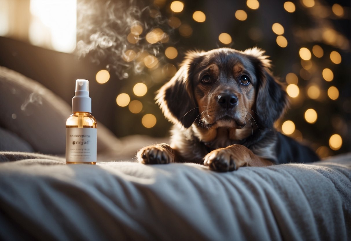 A dog peacefully resting on a cozy bed, while a calming spray made with essential oils is being gently sprayed in the air around it