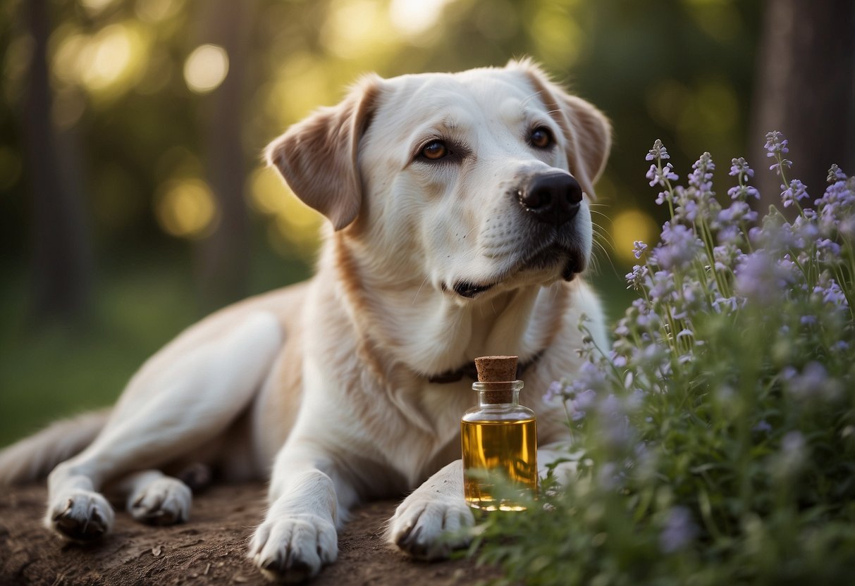A dog peacefully resting with a bottle of Valerian Root Oil nearby, while a serene atmosphere surrounds the scene, suggesting relief from anxiety