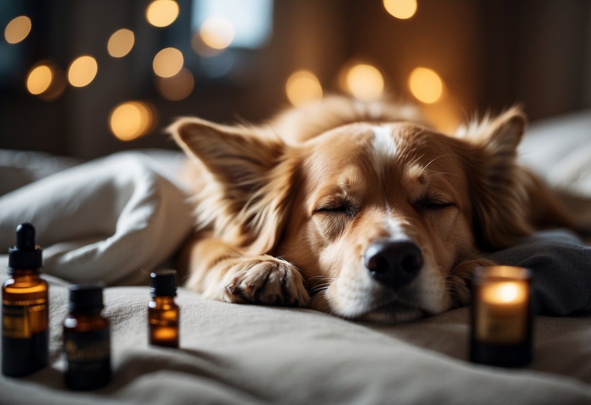 A dog peacefully sleeping on a cozy bed, surrounded by bottles of essential oils and a diffuser emitting a calming aroma