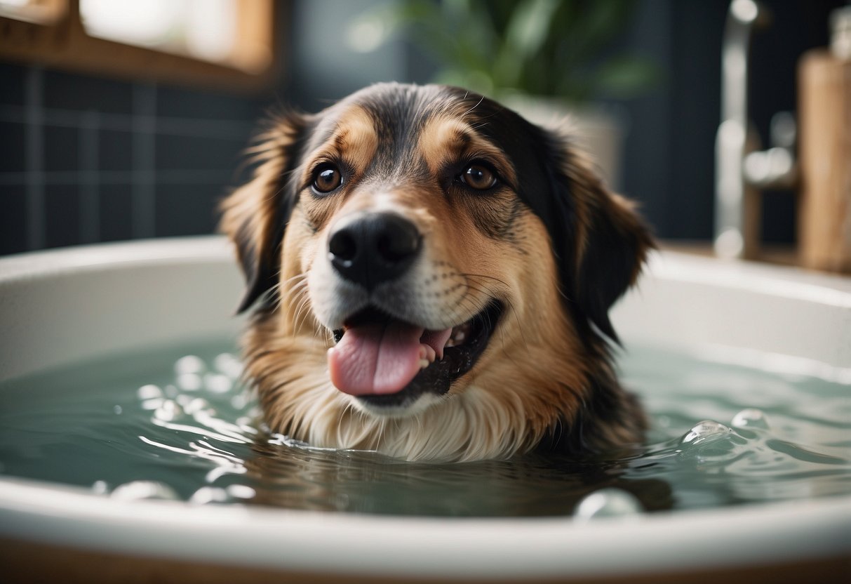 A dog peacefully soaking in a warm bath, surrounded by calming scents and gentle bubbles, with a relaxed expression on its face