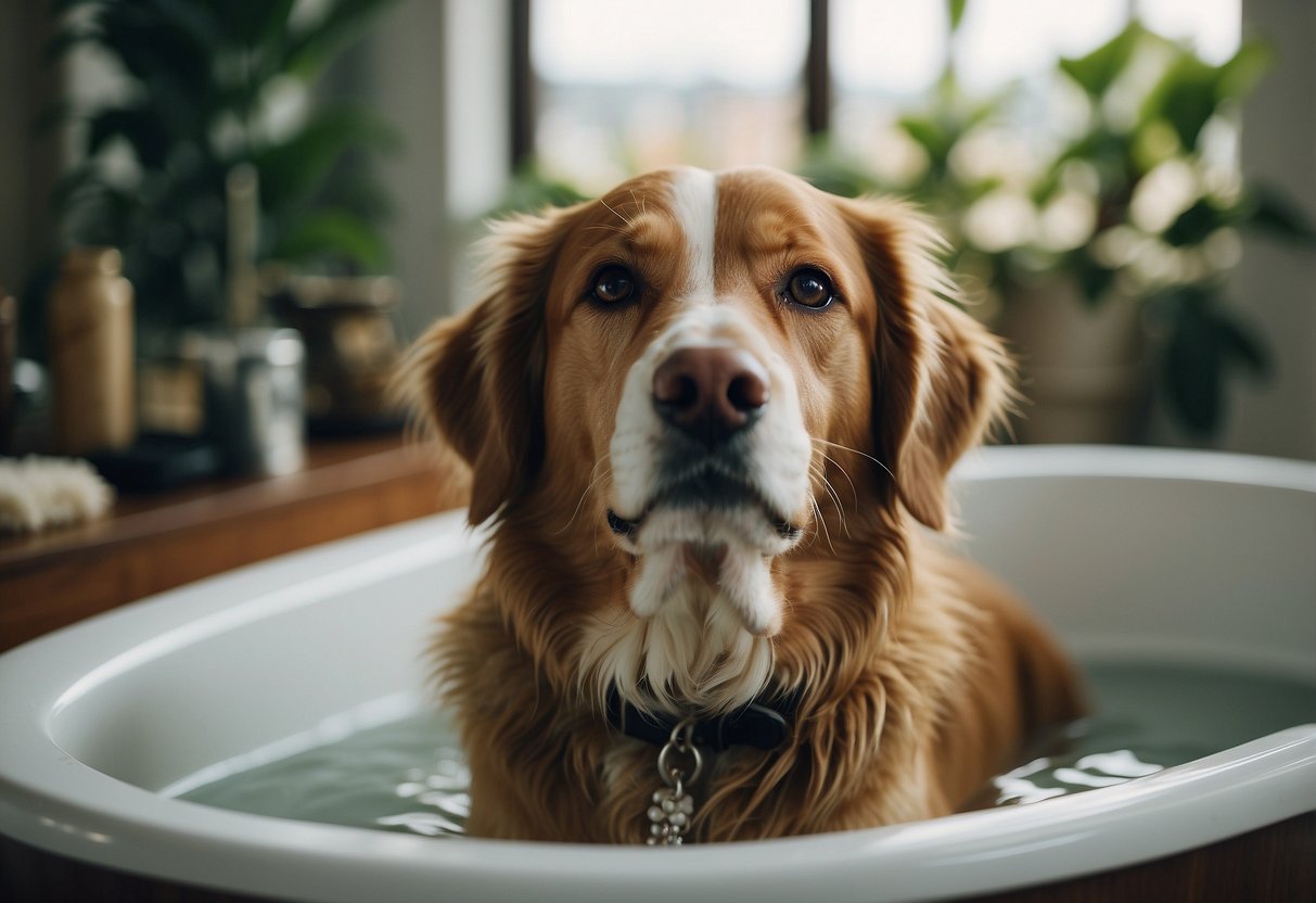 A dog peacefully soaking in a warm bath, surrounded by calming scents and gentle music playing in the background