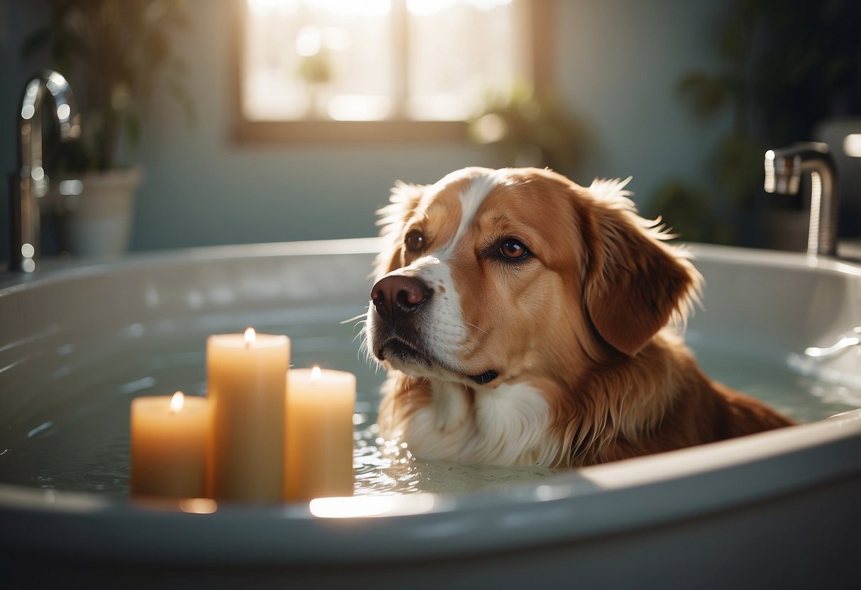 A dog peacefully soaking in a warm bath surrounded by calming scents and soft lighting, with a towel and grooming supplies nearby