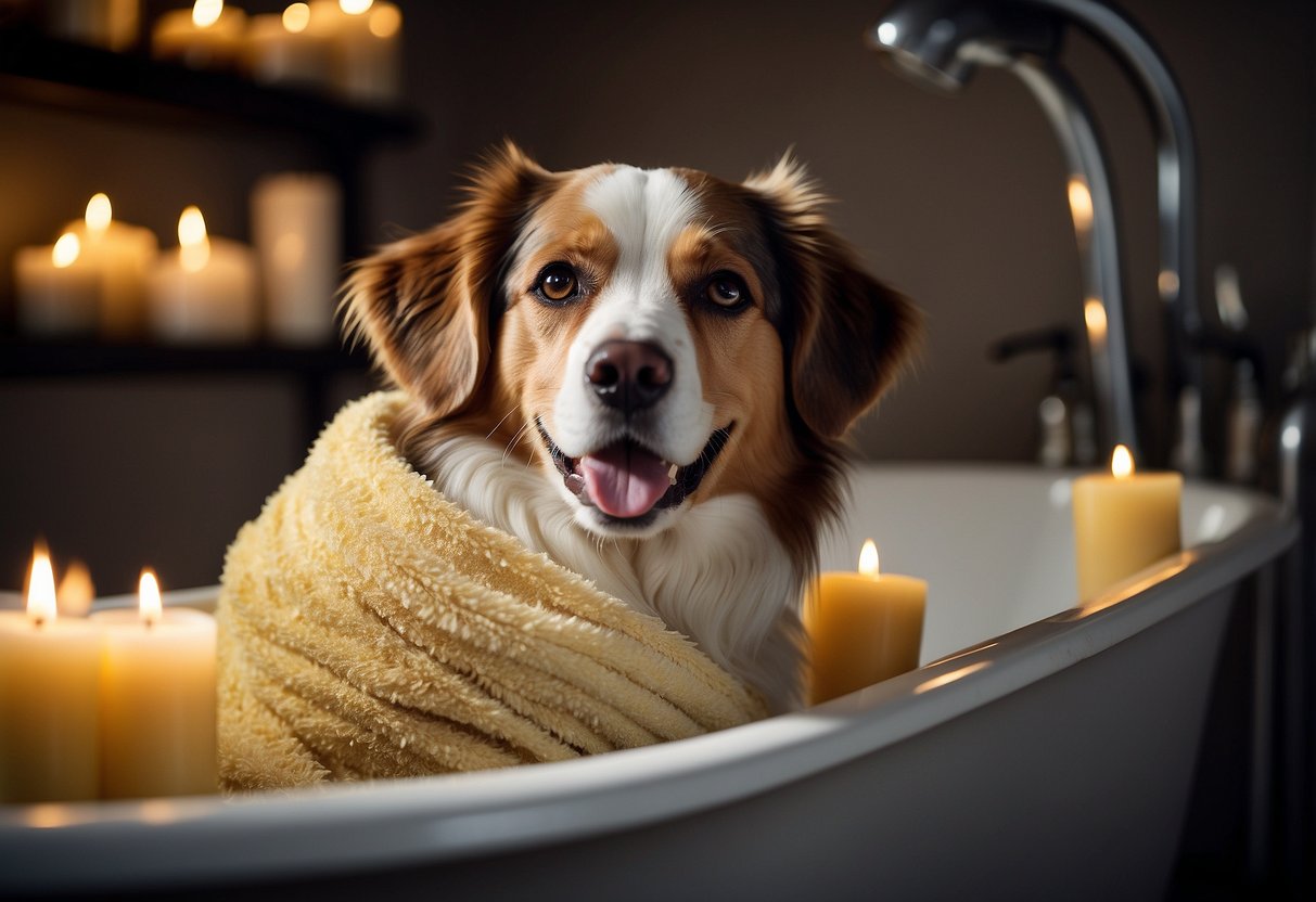 A dog relaxes in a bathtub filled with warm water, surrounded by calming candles and soothing music. A towel and dog shampoo sit nearby