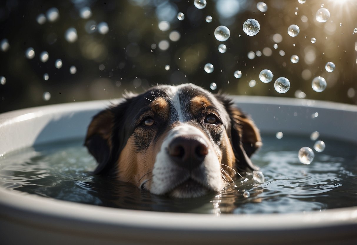 A dog relaxes in a warm bath, surrounded by soothing bubbles and steam. The dog's eyes are closed, and its body is submerged in the calming water