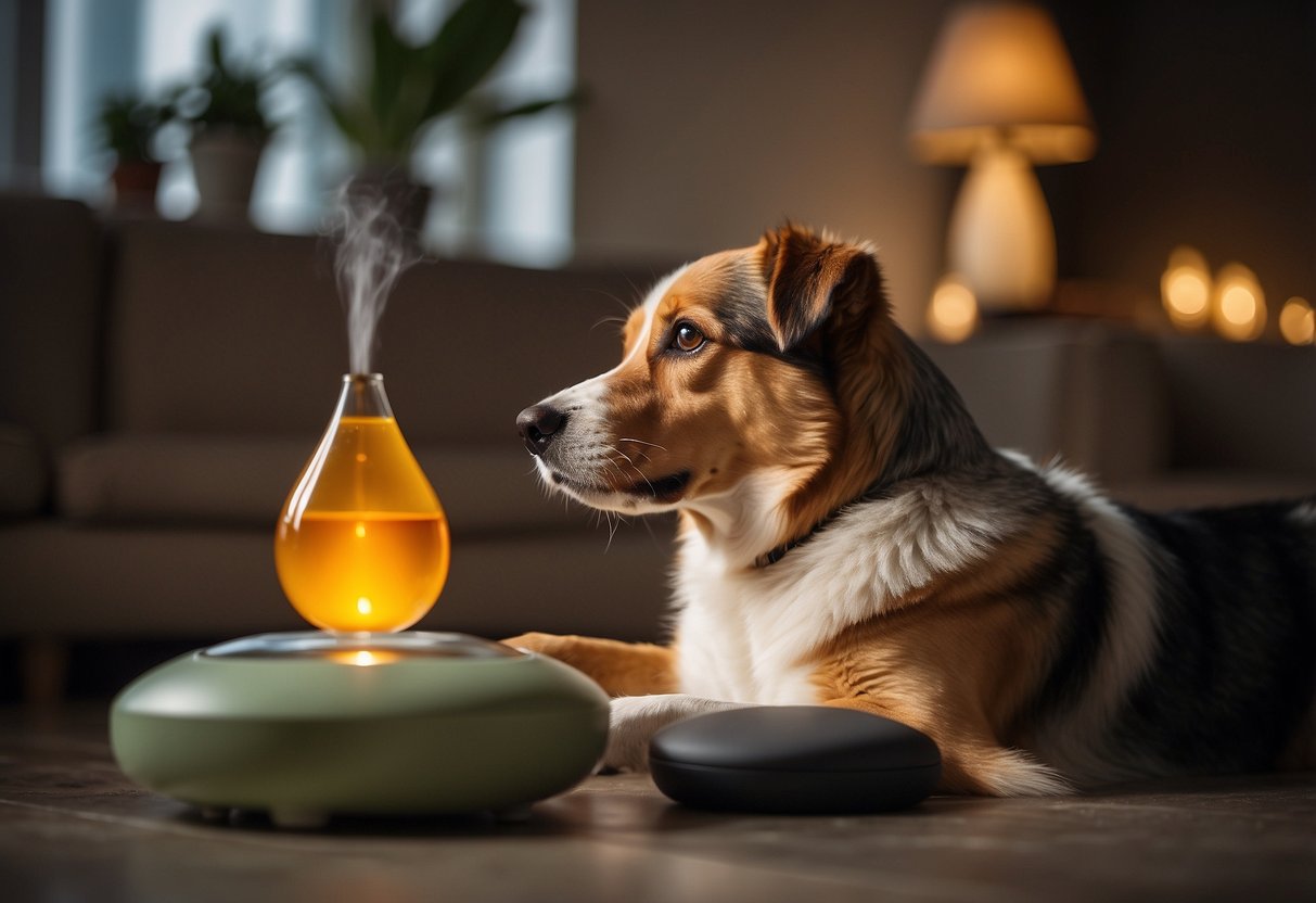 A dog relaxes near a diffuser emitting frankincense oil. Its body language shows calmness, ears perked up and tail wagging