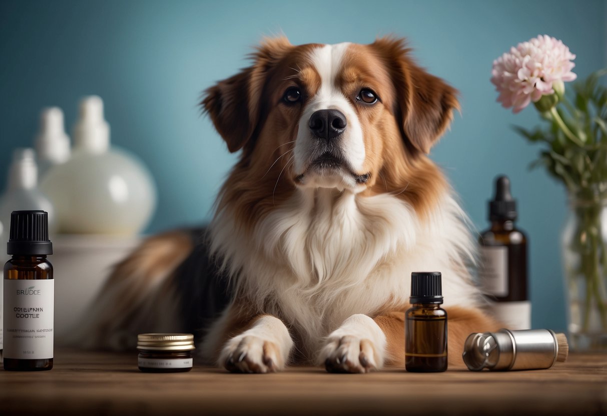 A dog relaxes on a grooming table, surrounded by calming essential oils diffusing in the air. The gentle scent soothes the dog, creating a peaceful atmosphere for the grooming process
