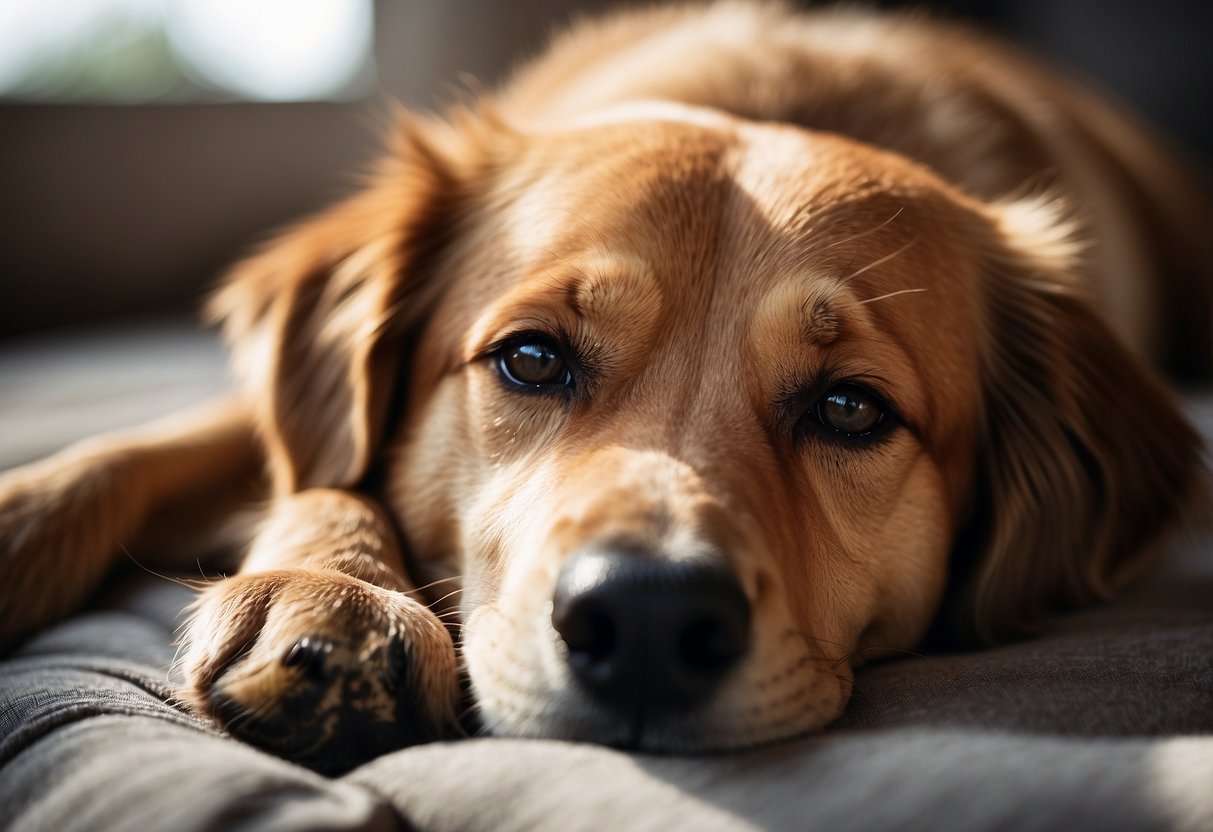 A dog resting peacefully with a calm expression, surrounded by cedarwood oil diffusing in the air, creating a serene and relaxed atmosphere