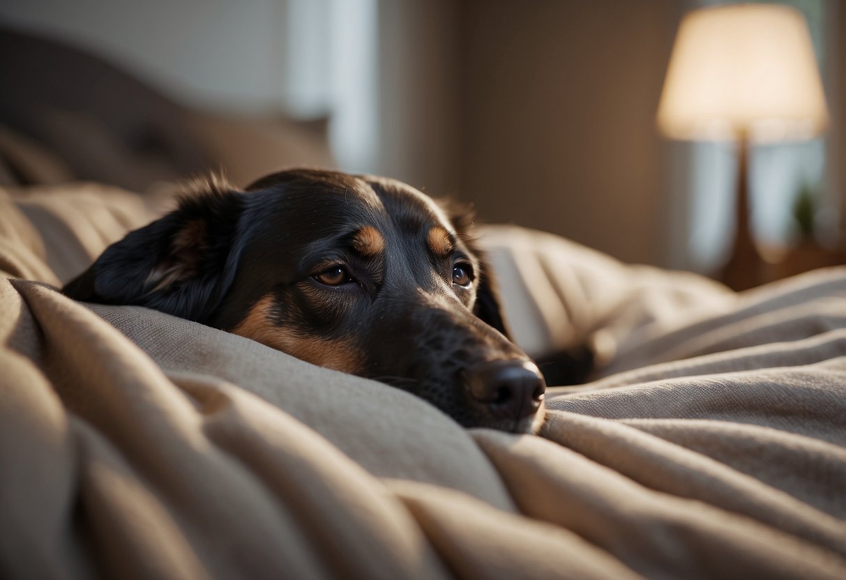 A dog rests peacefully on a cozy bed as a calming essential oil spray is gently misted over the fabric, creating a serene and relaxing atmosphere