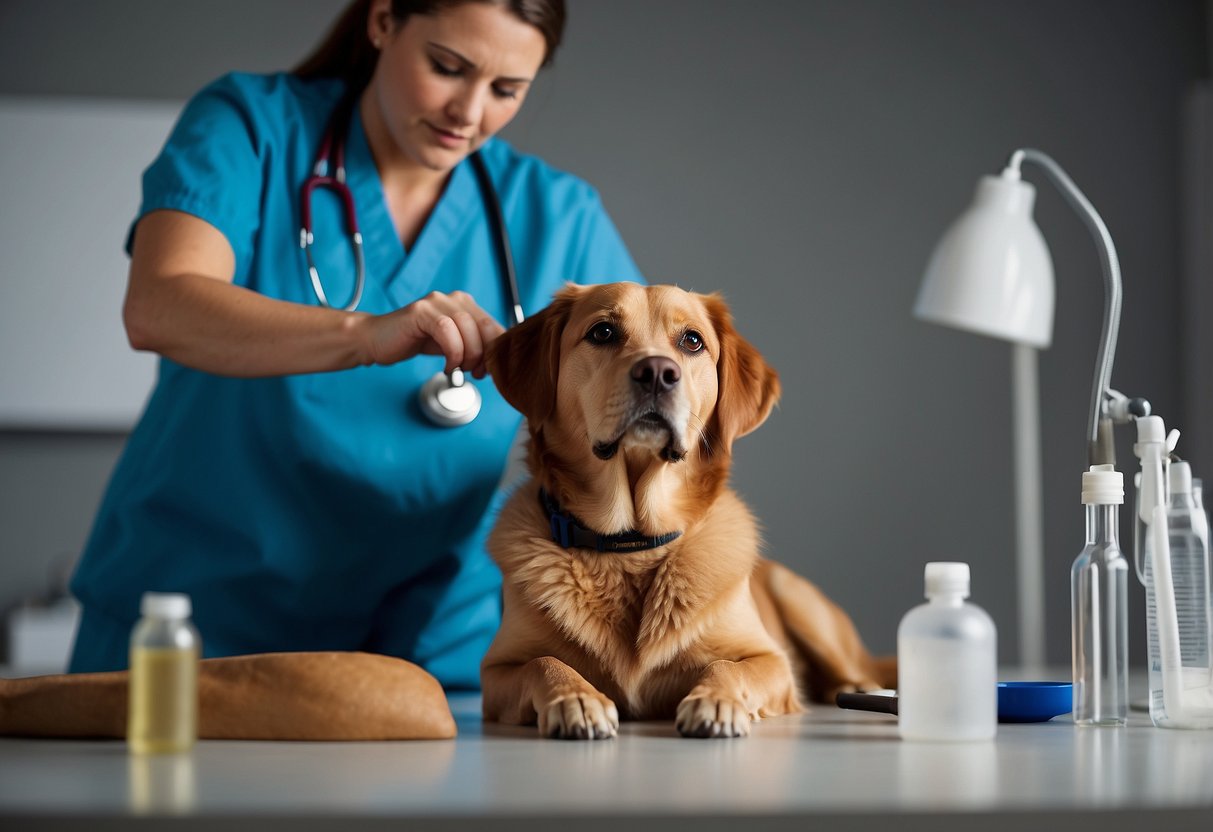 A dog sits calmly as a vet administers frankincense oil to ease its separation anxiety. The vet carefully applies the oil, while the dog looks up with trust
