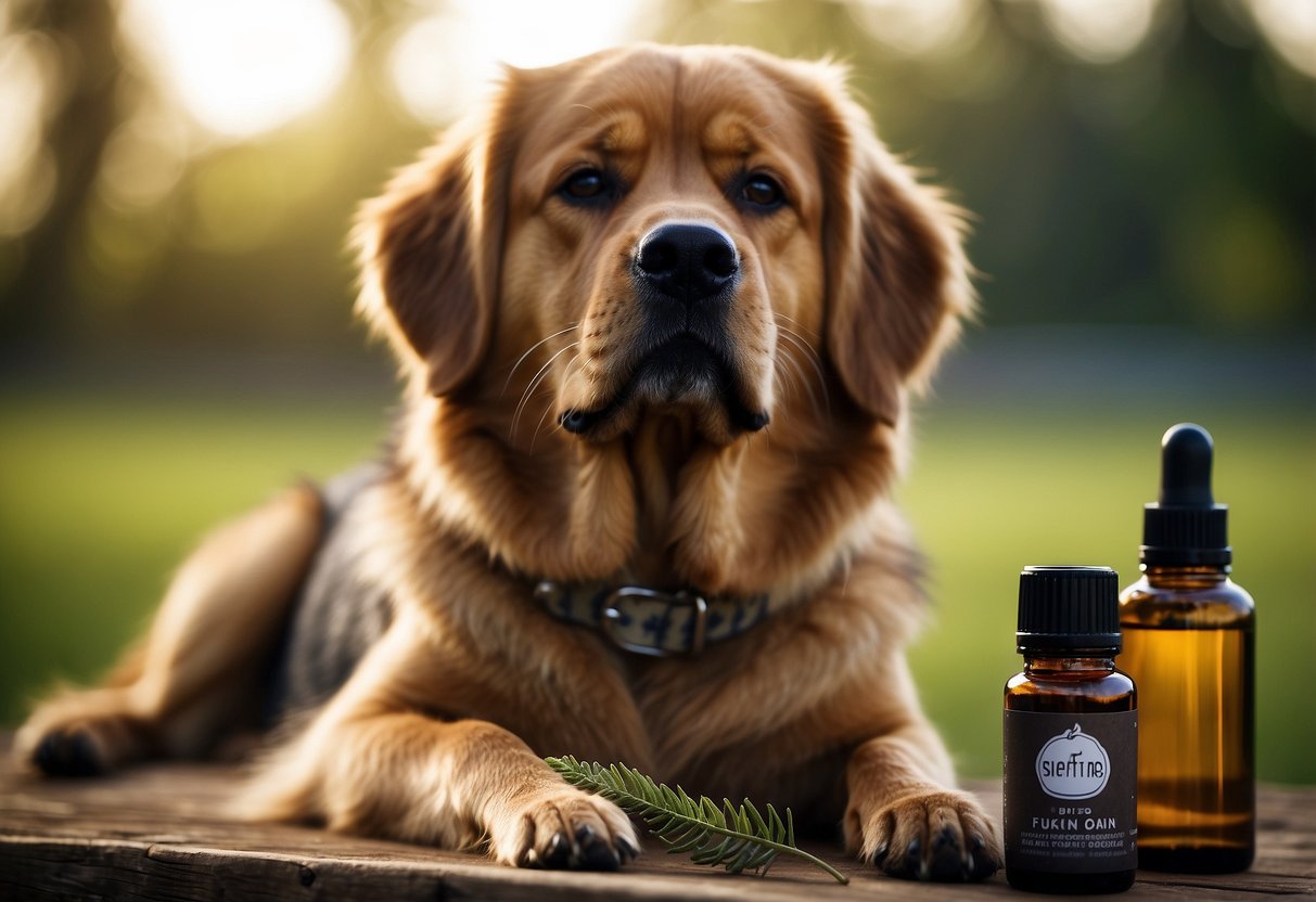 A dog sits calmly as essential oils are gently applied to its fur, with a soft brush nearby for even distribution