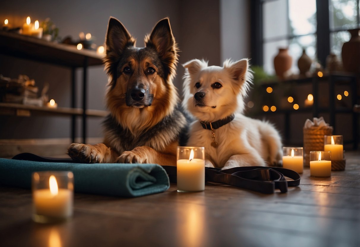 A dog sits calmly beside a person's yoga mat, surrounded by candles and incense. The person holds a leash, gazing peacefully at their furry companion