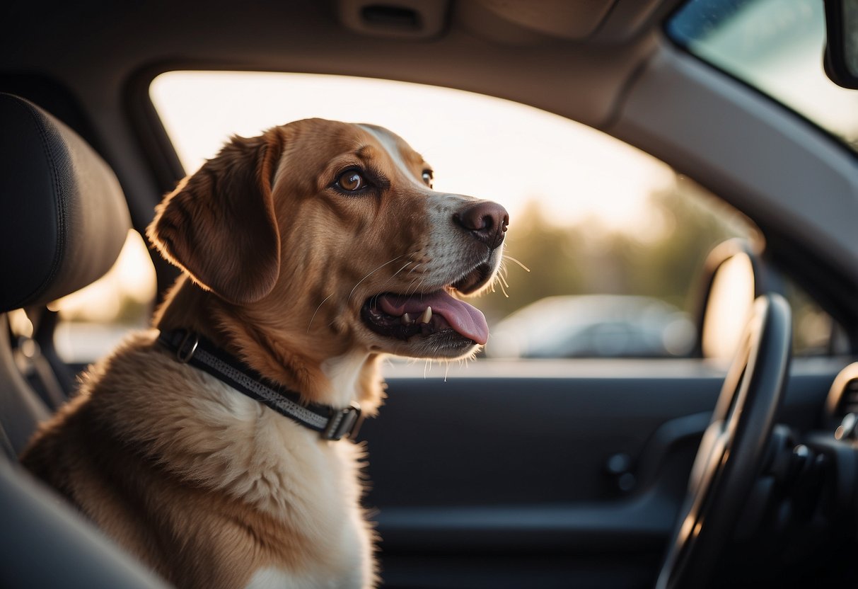 A dog sits nervously in a car, panting and whining. Essential oil diffuser emits calming scents. Travel anxiety is evident