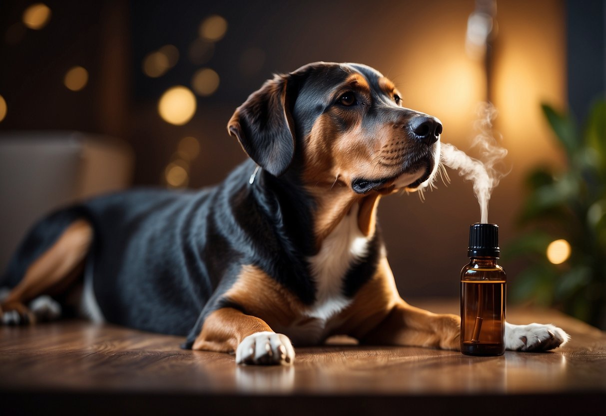 A dog sitting calmly as essential oils are diffused in the air, creating a relaxing atmosphere for grooming