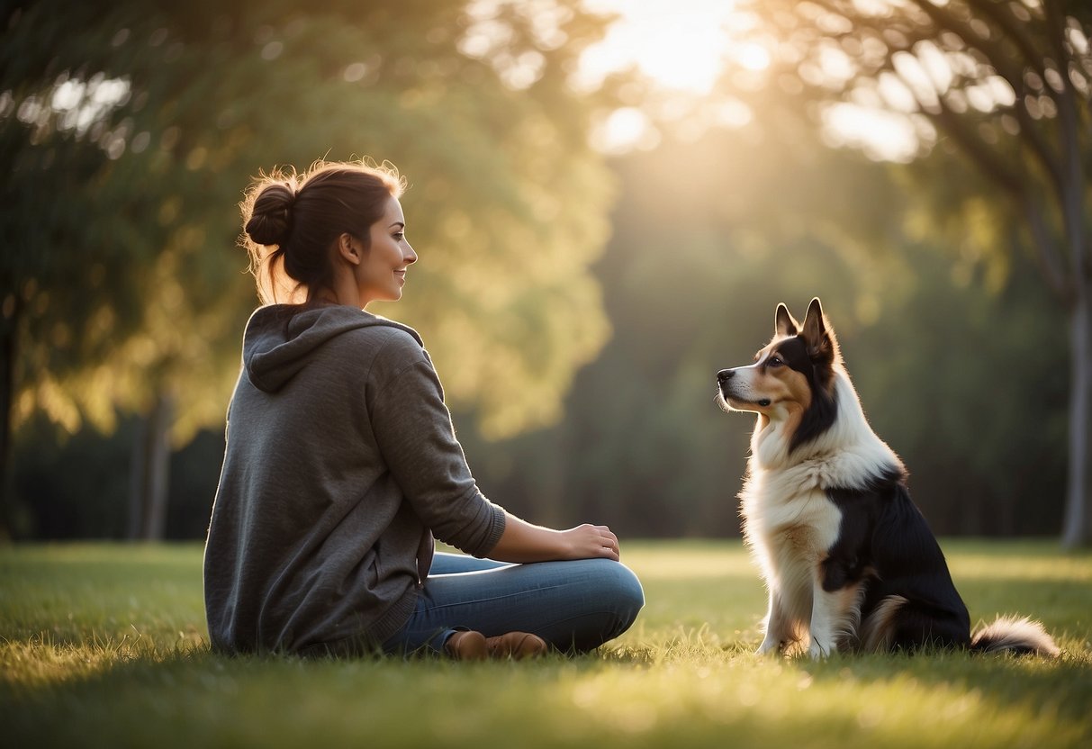 A dog sitting peacefully with its owner, both practicing mindfulness in a serene outdoor setting. The dog is calm and attentive, mirroring its owner's relaxed state