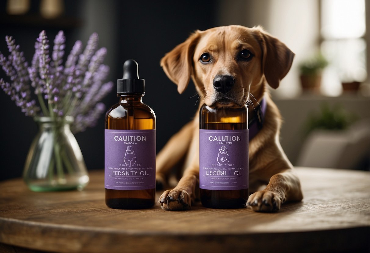 A dog sniffing a bottle of lavender essential oil with a caution sign and safety tips displayed nearby