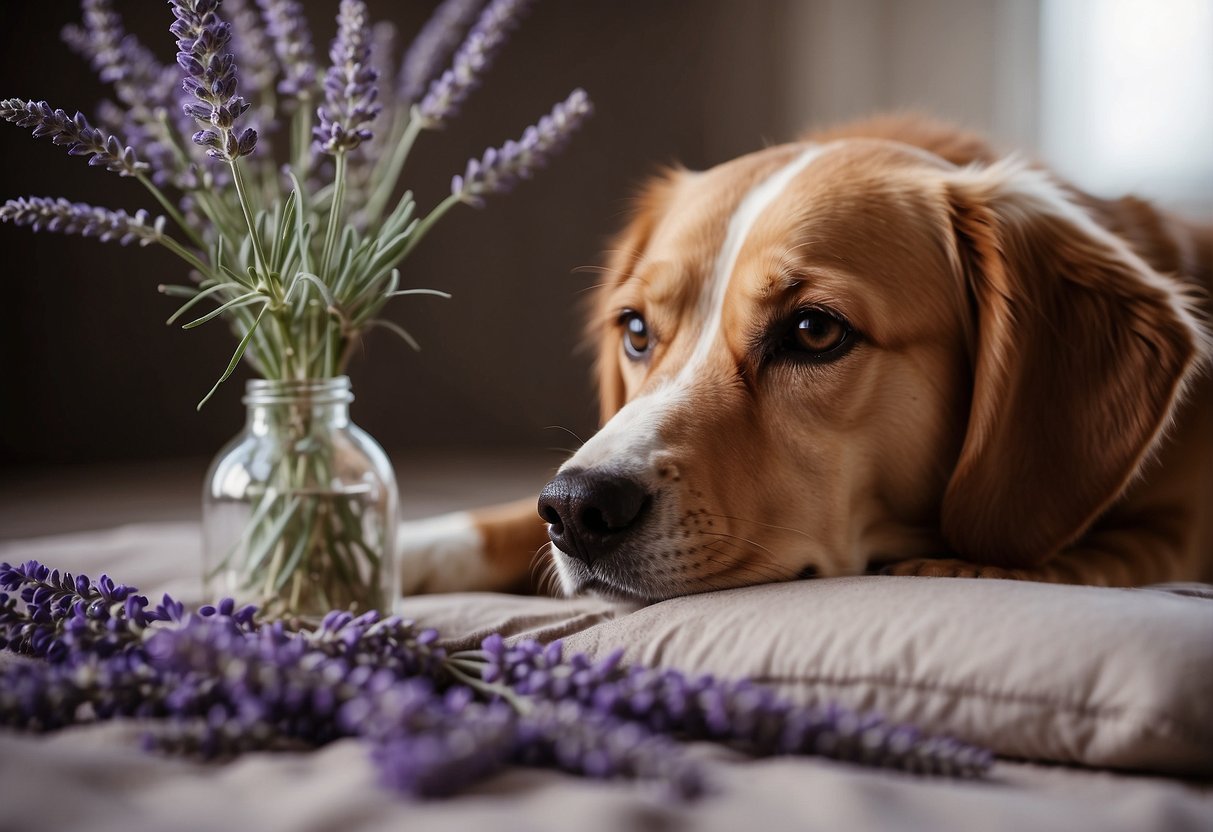 A dog sniffing a bottle of lavender essential oil, with a serene expression. A dog bed and toys in the background