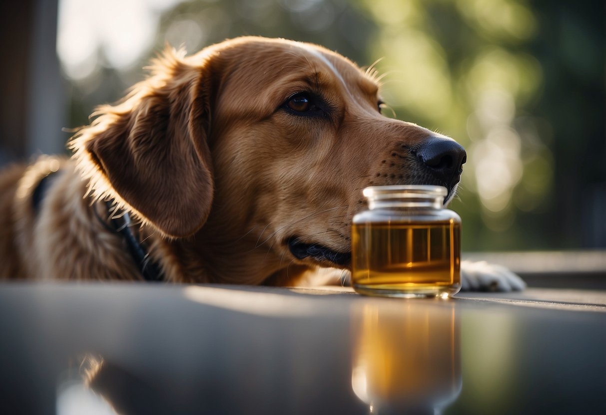 A dog sniffing and exploring a new environment while essential oils are diffusing in the air, creating a calming and comforting atmosphere