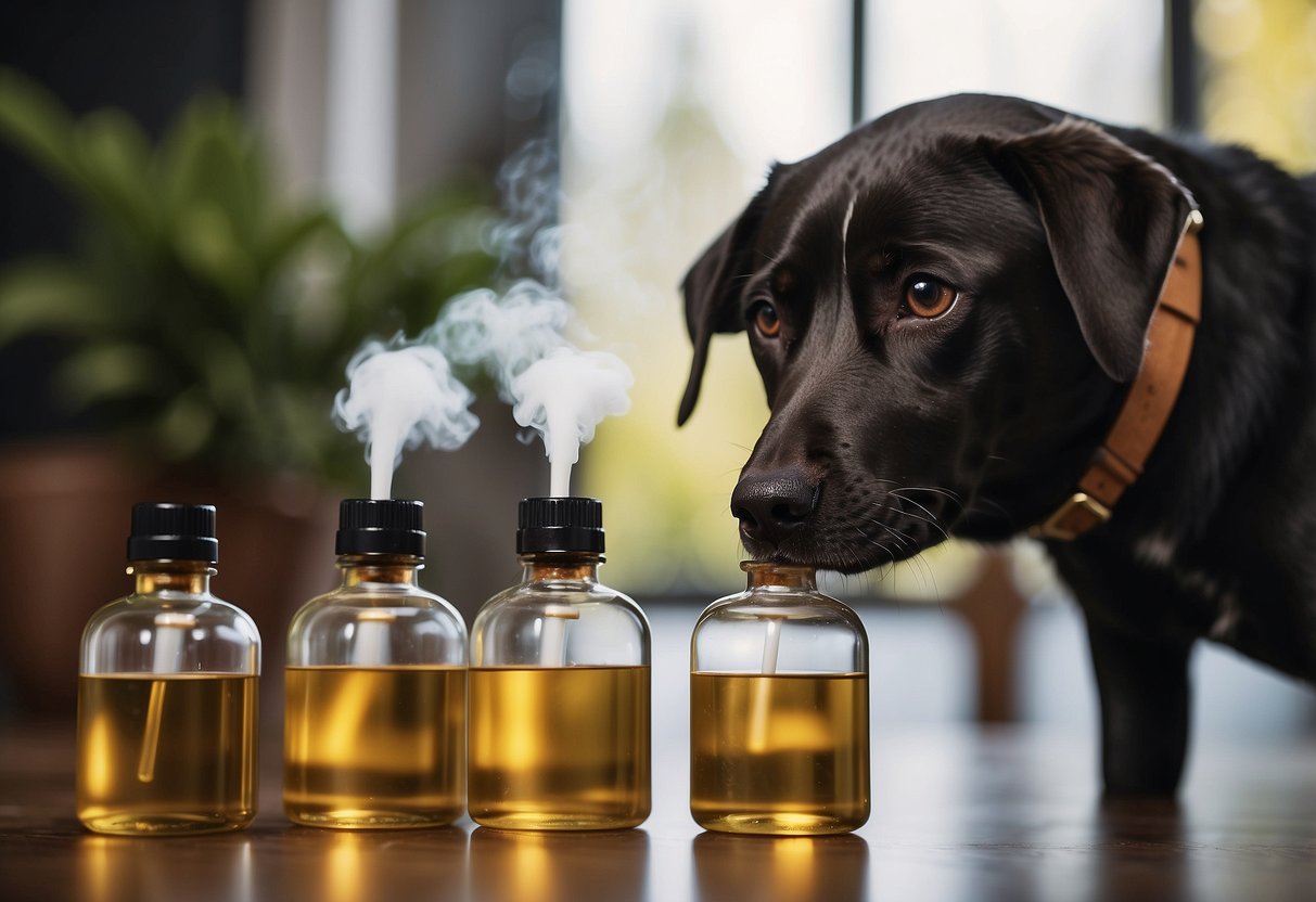 A dog sniffing and exploring various scents in a social setting, with essential oil diffusers in the background