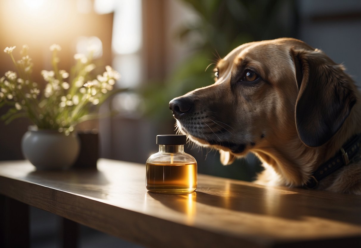 A dog sniffs a diffuser emitting essential oils, while surrounded by new environment items