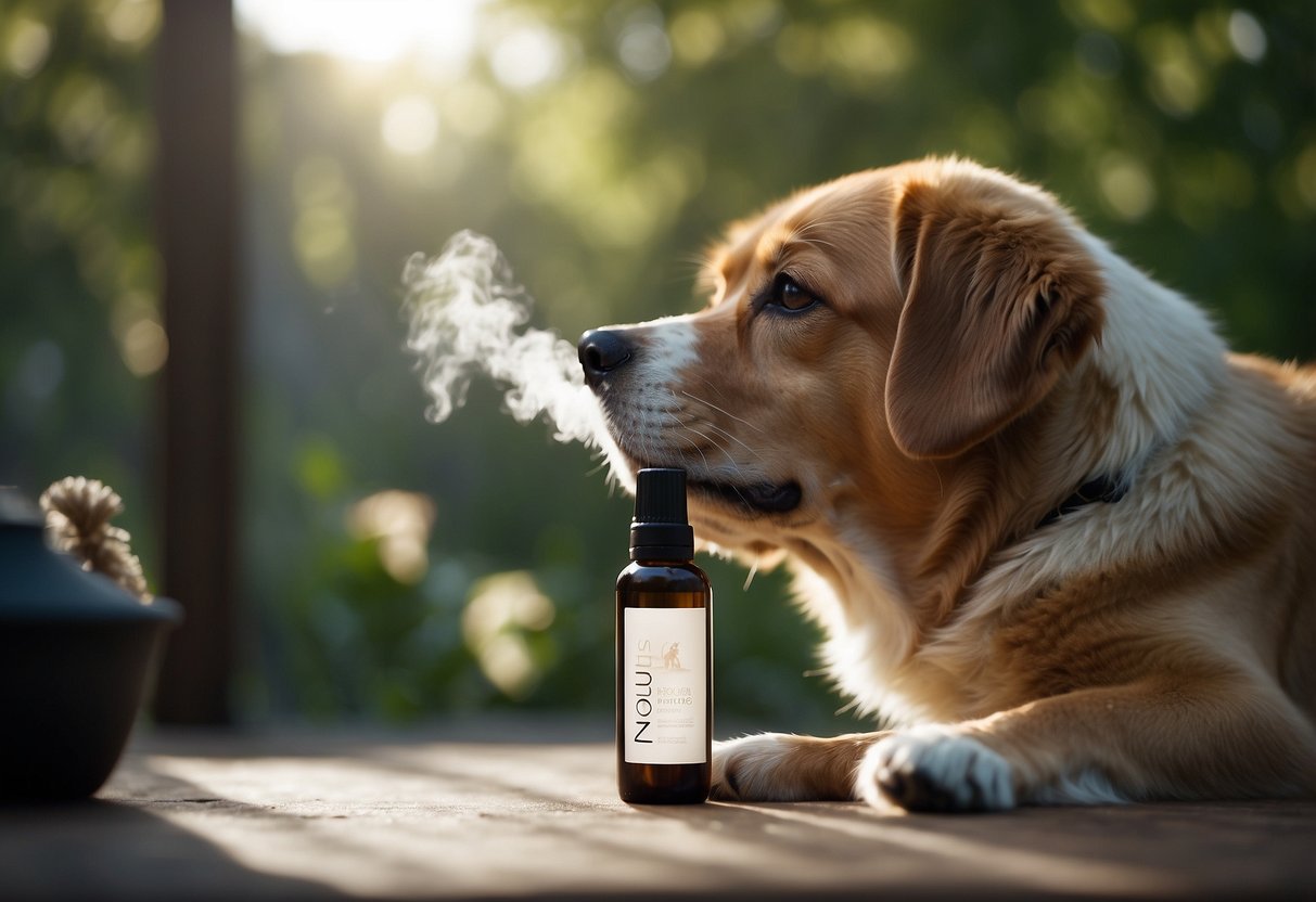 A dog sniffs a diffuser releasing calming essential oils in a new environment. Its body language relaxes as it adjusts to the soothing scent