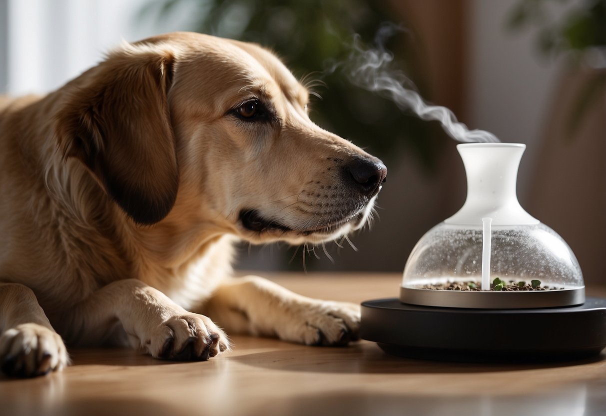 A dog sniffs at a diffuser emitting essential oils. Another dog relaxes in a new environment, surrounded by calming scents