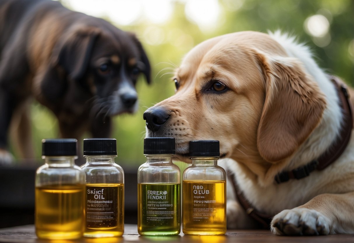A dog sniffs various carrier oils while a person observes closely
