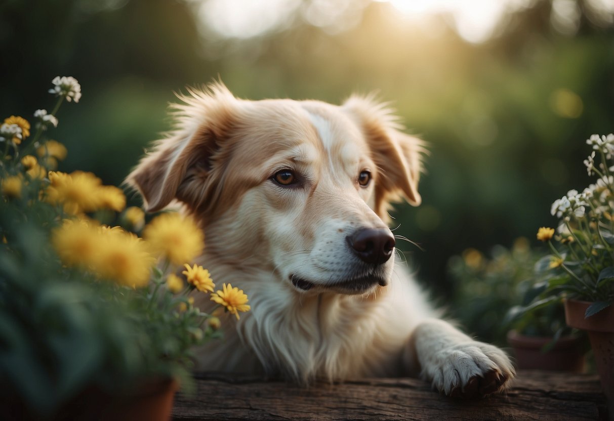 A dog surrounded by calming essential oils, sniffing and exploring its surroundings during a socialization session