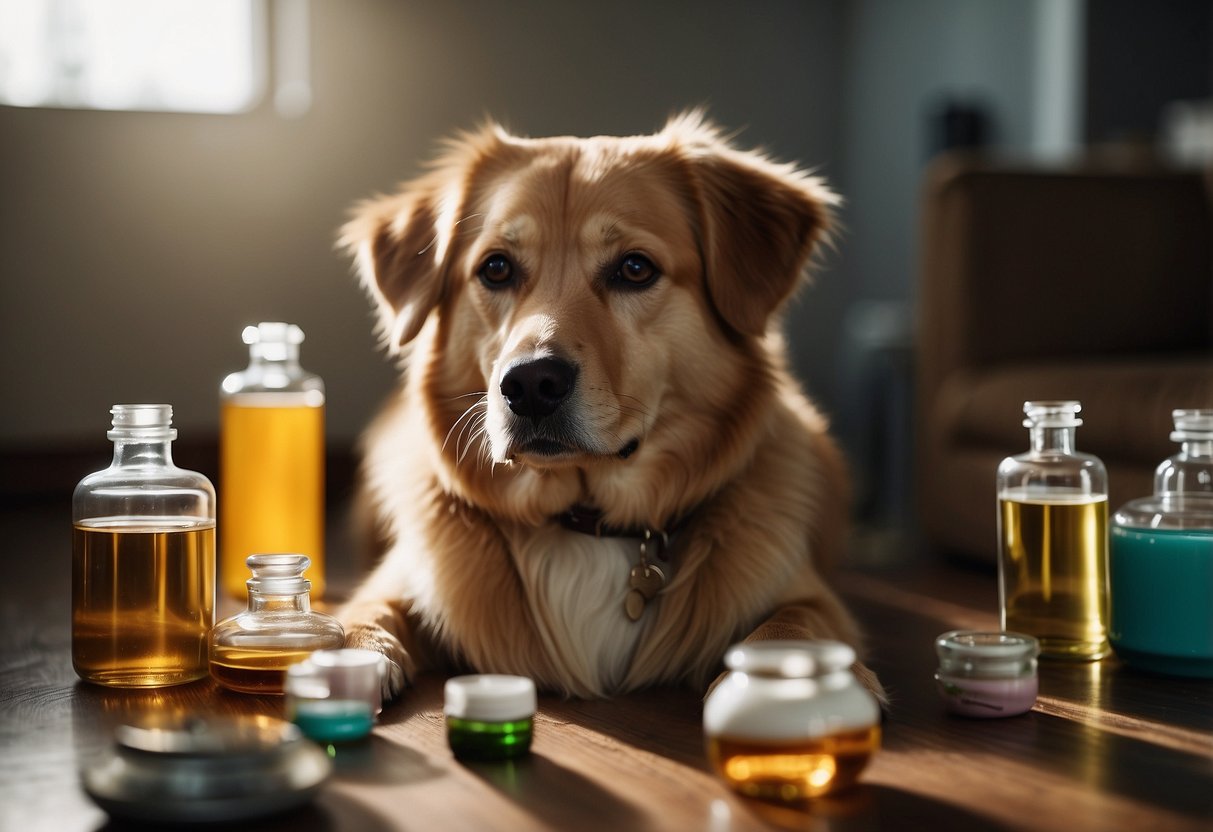 A dog surrounded by essential oil diffusers, calmly interacting with other dogs in a socialization training session