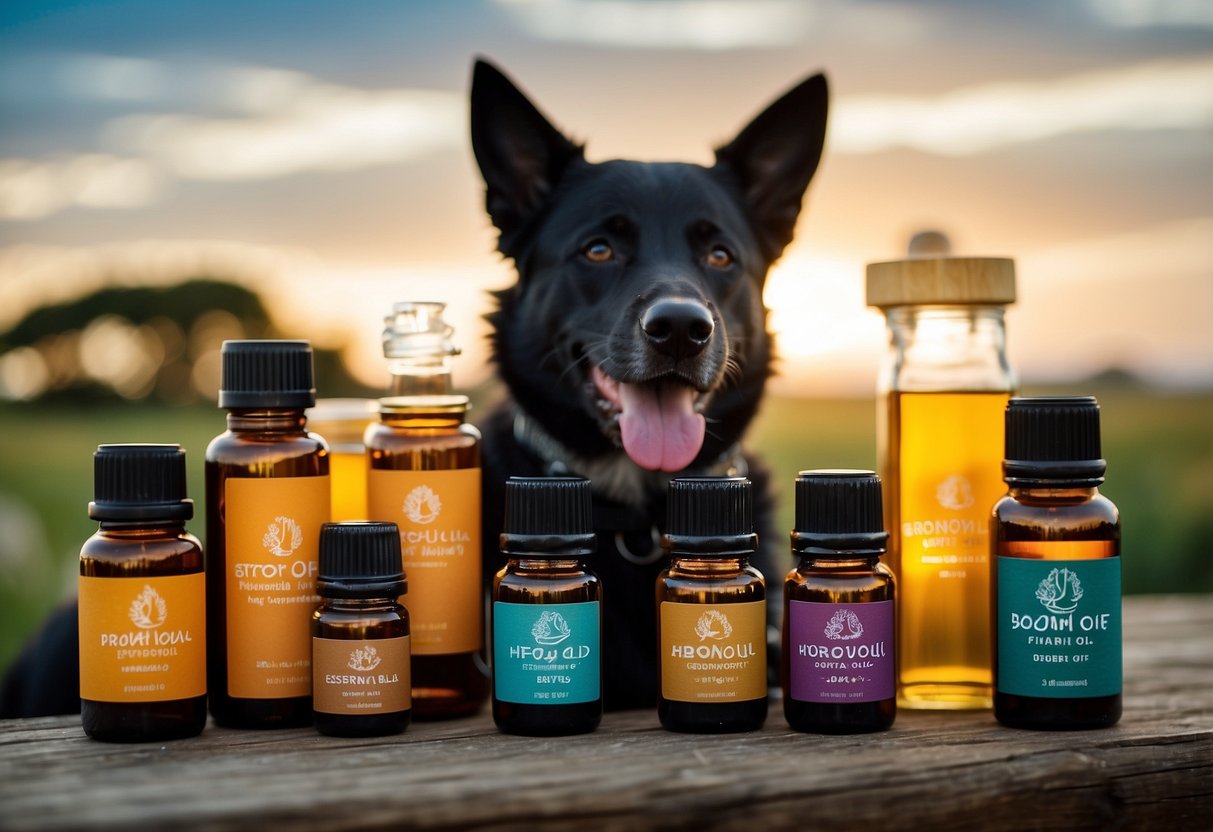A dog surrounded by various bottles of essential oils and carrier oils, with a calming and peaceful expression on its face