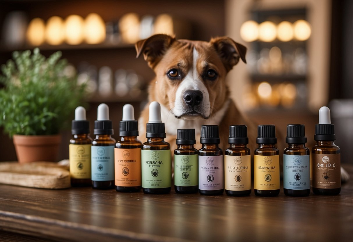 A dog surrounded by various carrier oils and essential oils, with a prominent 
