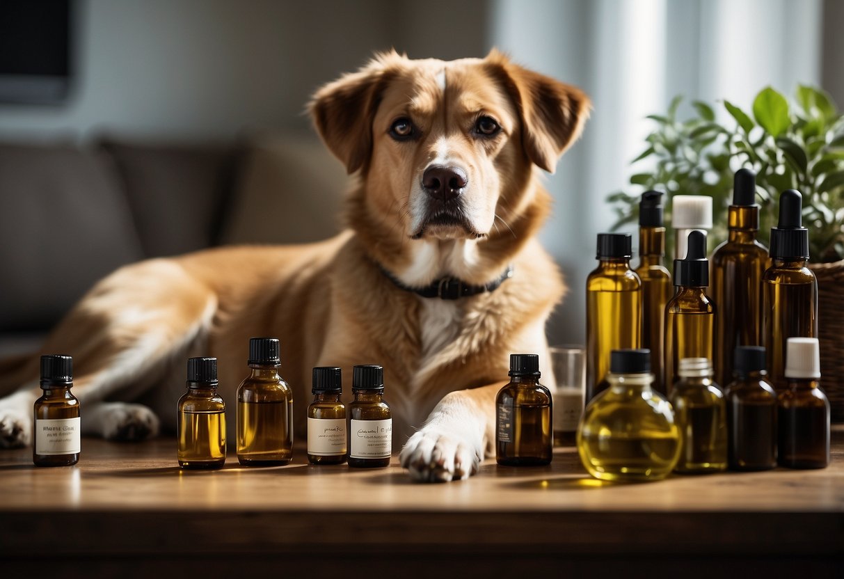 A dog surrounded by various carrier oils, such as coconut, olive, and sweet almond, with essential oil bottles nearby. The dog appears calm and content, with a peaceful expression