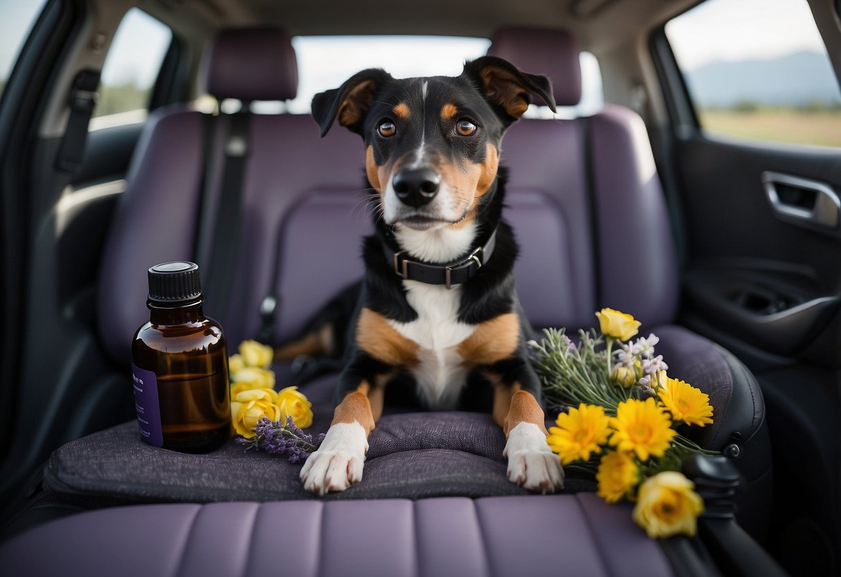 A dog with travel anxiety lies on a car seat, surrounded by bottles of essential oils like lavender and chamomile. The dog looks nervous but is comforted by the calming scents