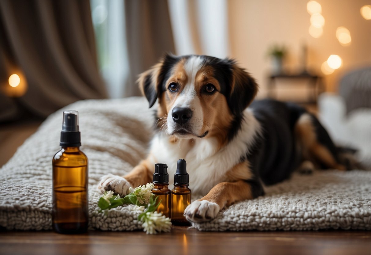 A dog's bed sits on a cozy rug, surrounded by bottles of essential oils. A spray bottle is being filled with a calming blend of oils