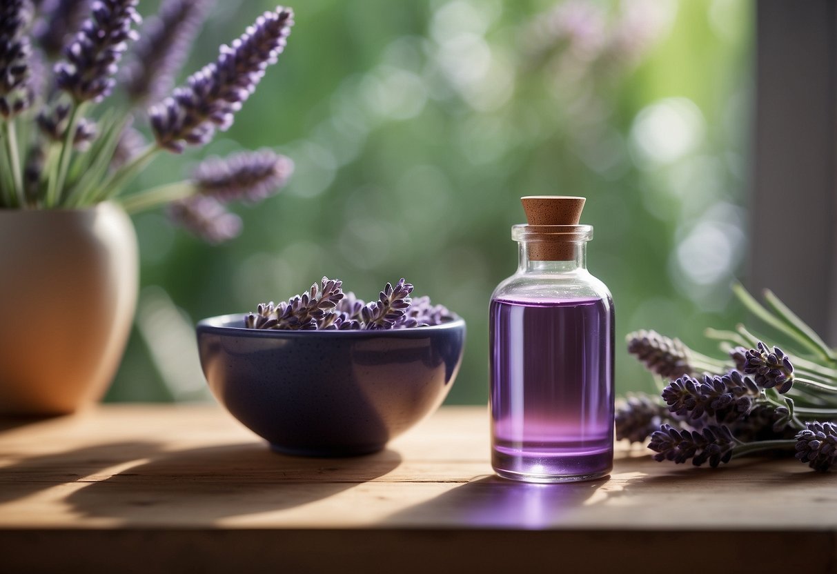 A glass bottle of lavender essential oil sits on a wooden shelf, surrounded by sprigs of fresh lavender. A small dog looks up at the bottle with curiosity