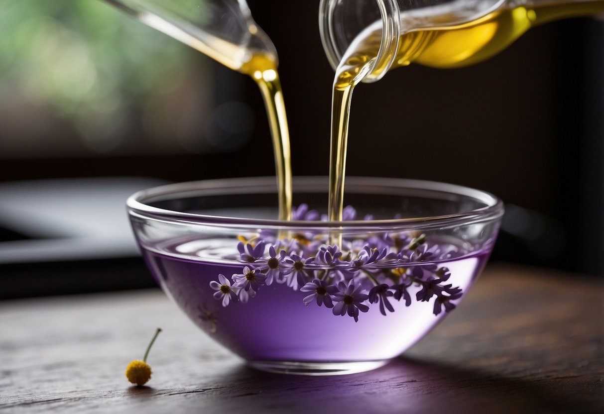 A glass dropper dispenses lavender and chamomile oils into a small bowl. The oils swirl together, emitting a soothing aroma