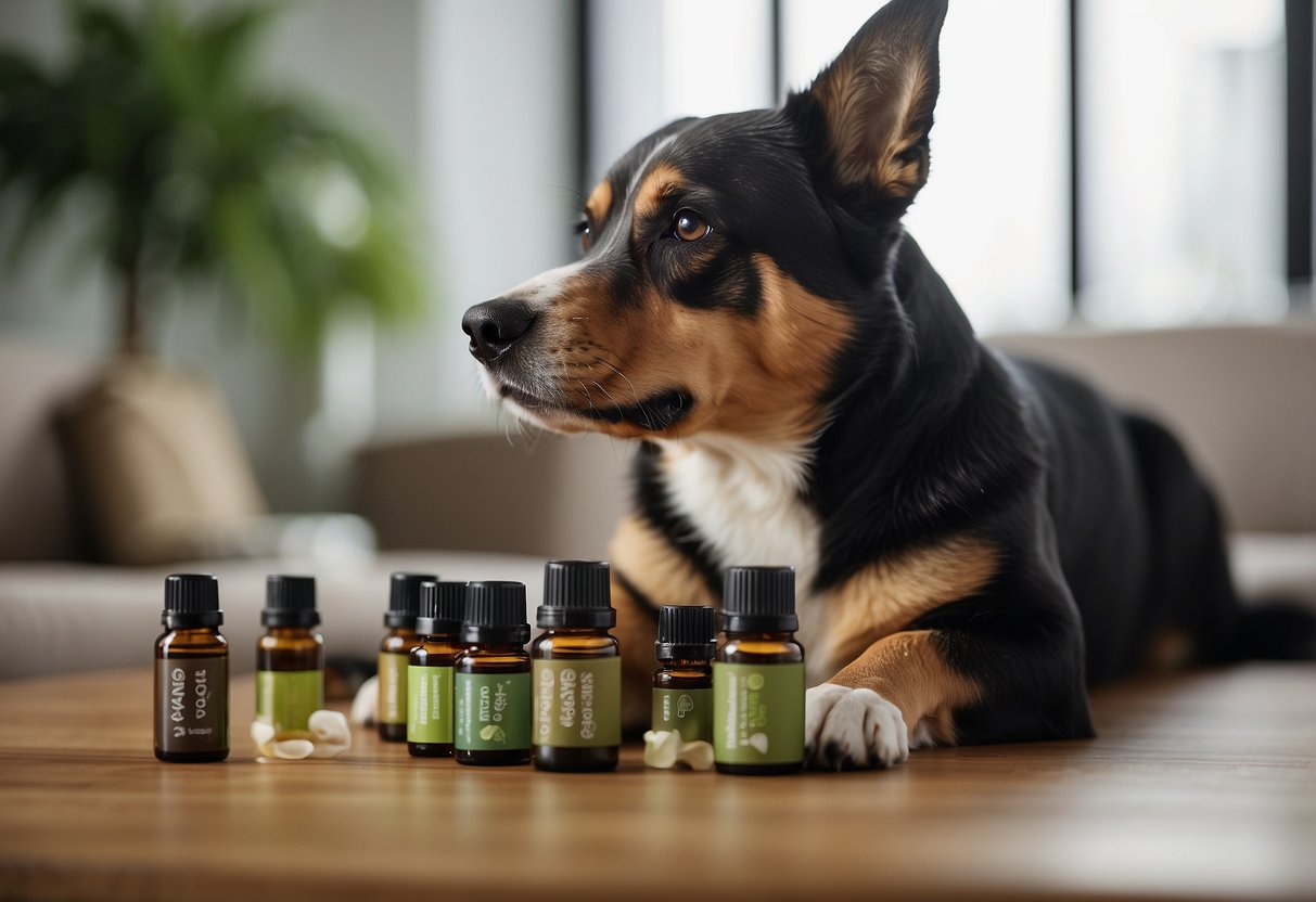 A group of professionals use essential oils to help a dog adjust to a new environment. The dog is surrounded by calming scents and comforting gestures