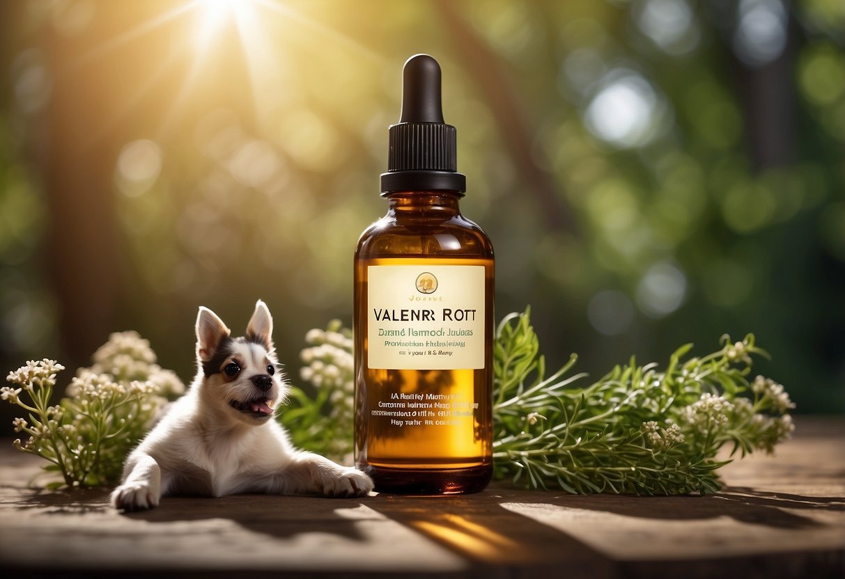 A hand reaches for a bottle of Valerian Root Oil, surrounded by images of calm and happy dogs. Text highlights the benefits of the oil for dog anxiety