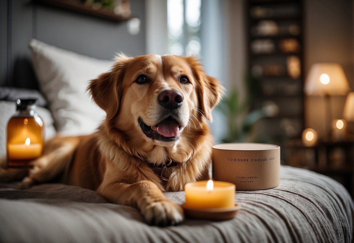A happy dog lying on a cozy bed surrounded by cedarwood oil diffusers. Testimonials and case studies displayed on the wall