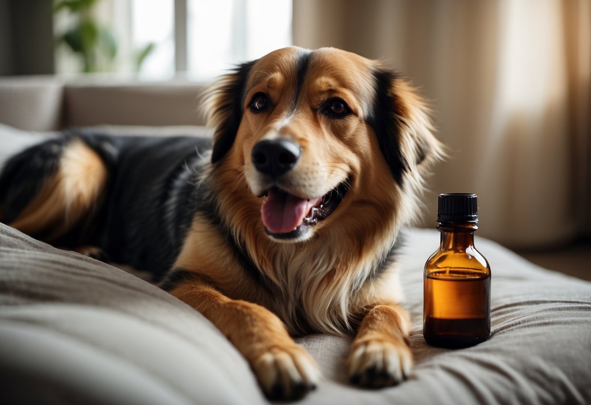 A happy dog lying on a cozy bed with a bottle of valerian root oil nearby. The dog looks calm and relaxed, with a peaceful expression on its face