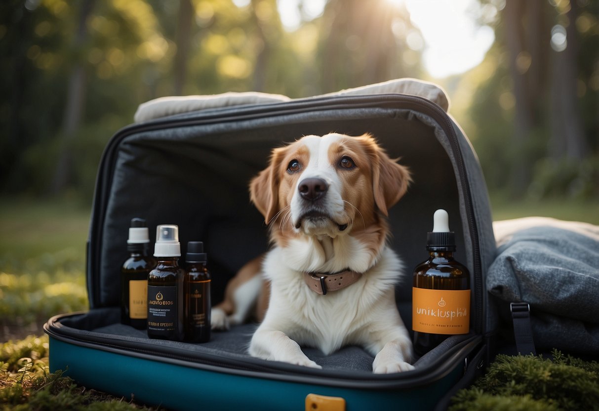 A serene dog lies in a cozy travel crate, surrounded by calming essential oils diffusing in the air. The gentle scent creates a peaceful and stress-free environment for the anxious pup