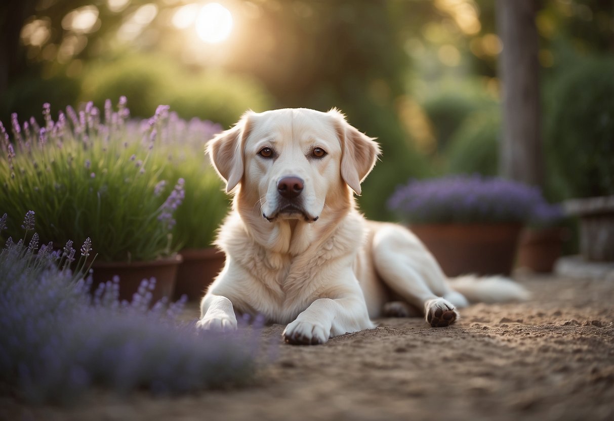 A serene dog lounges in a peaceful setting, surrounded by calming elements such as lavender, chamomile, and other relaxation aids