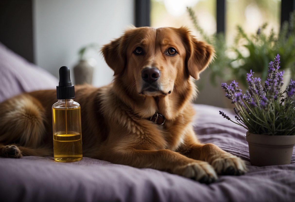 A serene dog lying on a cozy bed surrounded by calming essential oils like lavender and chamomile, with soft music playing in the background